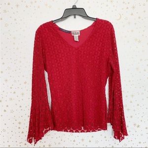 Billblass Vintage Red Lace Flare Sleeve Top